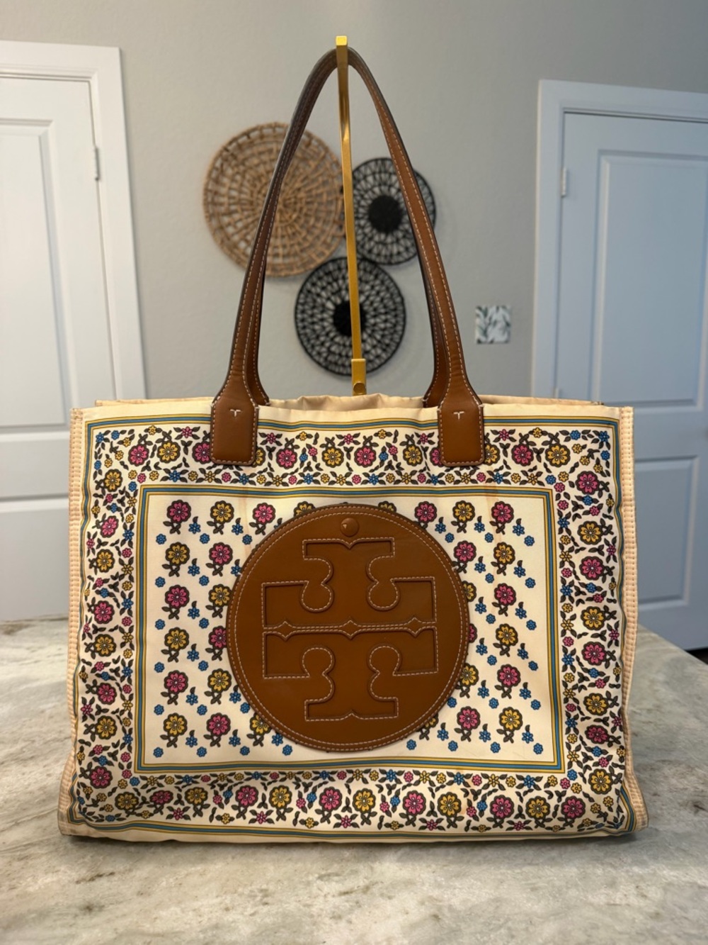 Tory Burch Cream Floral Canvas Tote with Brown Leather Logo Patch
